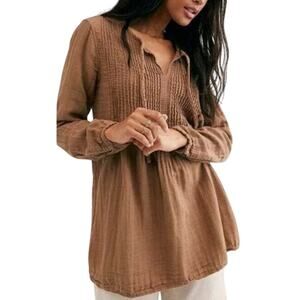 Free People CP Shades L NEW Pintuck Tunic Coriander Brown Boho Hippie